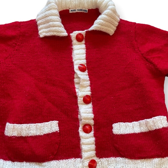 Vintage Hand Made Red And White Knit Holiday Overalls And Button Down Cardigan - Picture 3 of 9